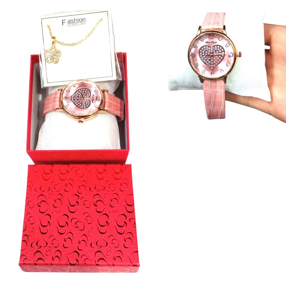 Set de Reloj y collar en cofre para regalar corazon ROSA